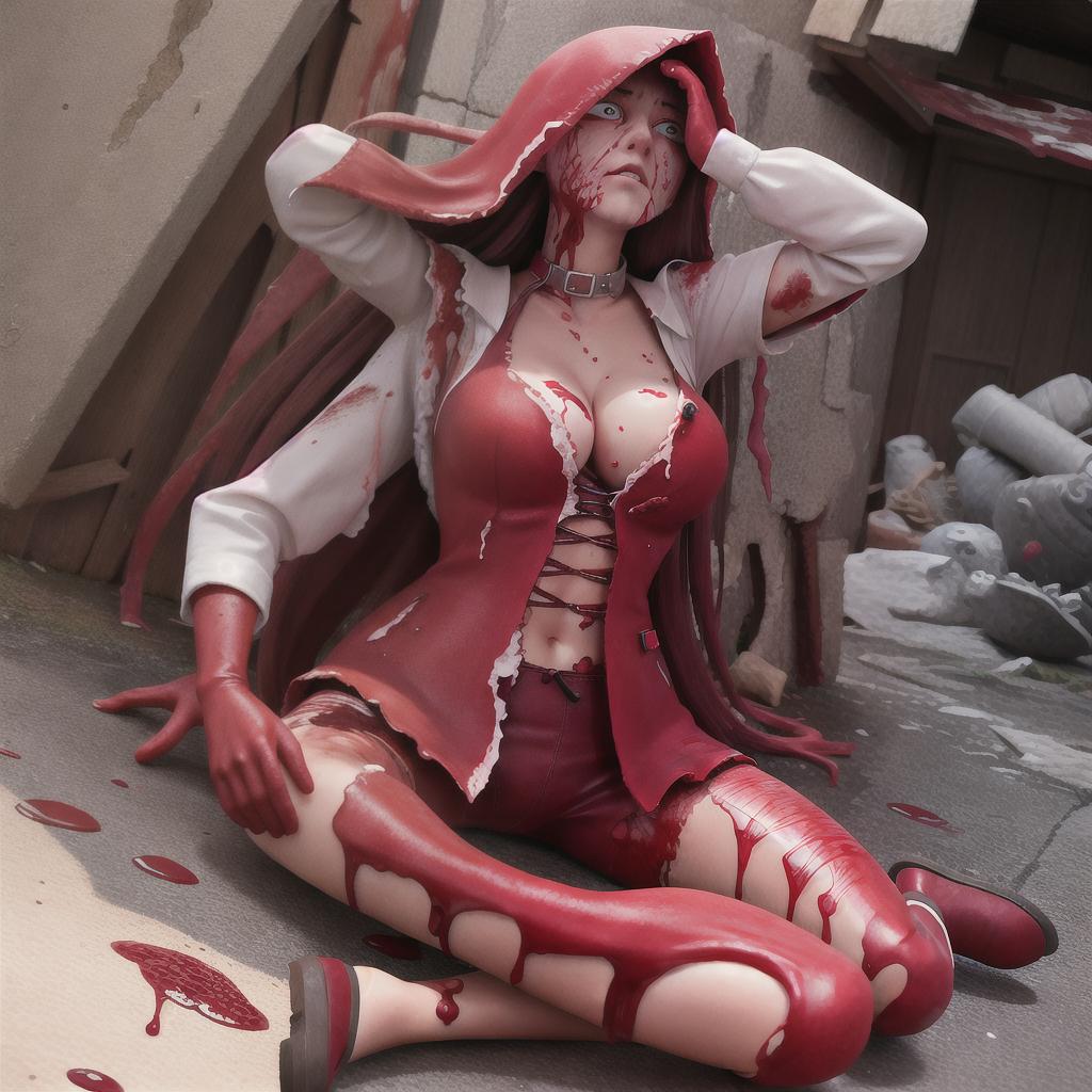  masterpiece, best quality, Gore waifu woman's body is covered in blood and rips out her own guts
