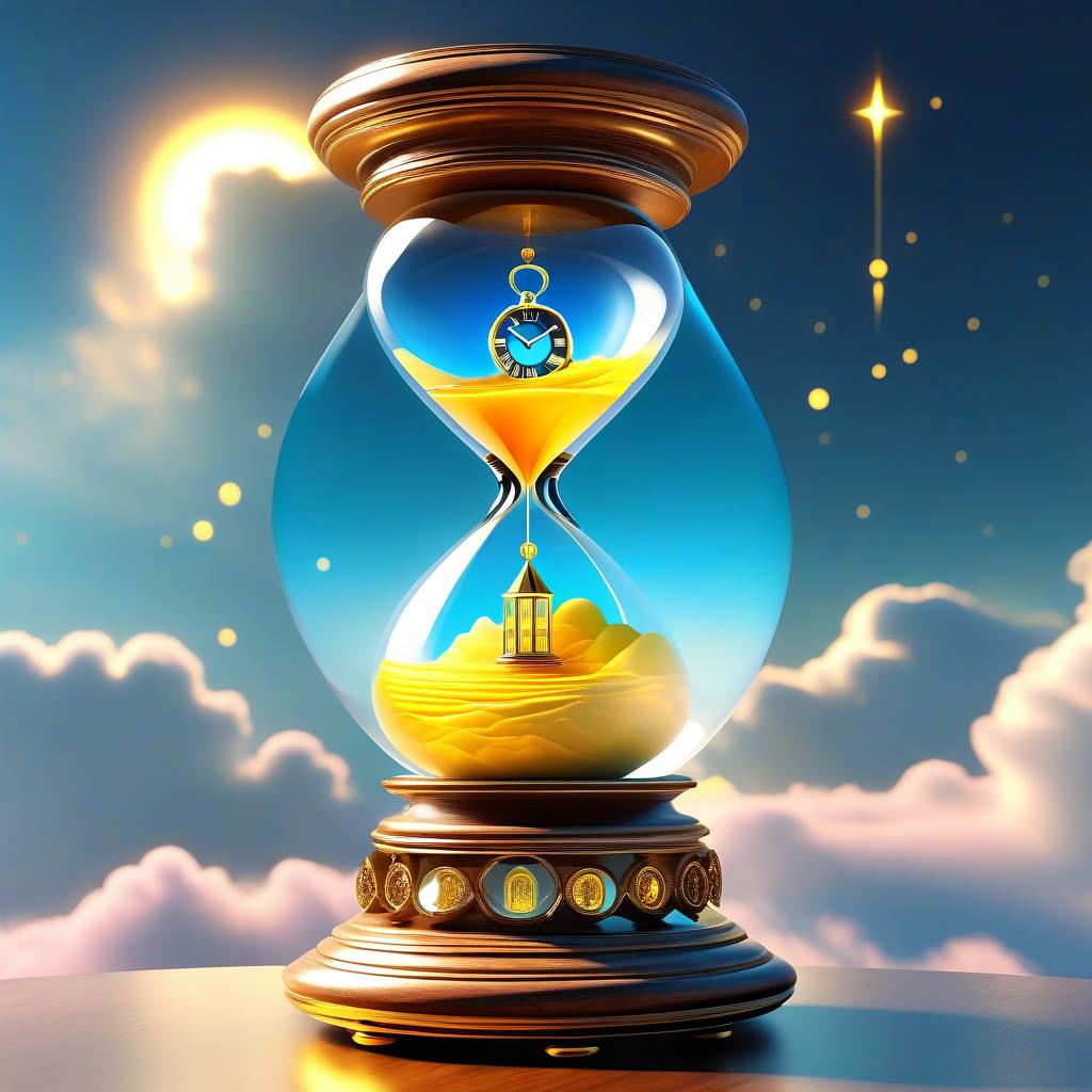  ethereal fantasy concept art of (Fancy hourglass). clock design: wooden carved case lacquered. Bowls of transparent glass. Inside the top bowl of the clock the rising sun is displayed. Around the sun is a blue sky and white, golden pink clouds. (Inside the lower bowl of the clock):A nighttime, dark blue sky with a bright yellow month with a silvery cast. Beneath the sky are mountains covered with blue white snow, shimmering with different colours of the rainbow. Background: gradient: in the lower part of the background the structure of sand. In the upper part of the background perispherical clouds in the blue sky. Style: philosophical romantic fantasy. . magnificent, celestial, ethereal, painterly, epic, majestic, magical, fantasy art, cov hyperrealistic, full body, detailed clothing, highly detailed, cinematic lighting, stunningly beautiful, intricate, sharp focus, f/1. 8, 85mm, (centered image composition), (professionally color graded), ((bright soft diffused light)), volumetric fog, trending on instagram, trending on tumblr, HDR 4K, 8K