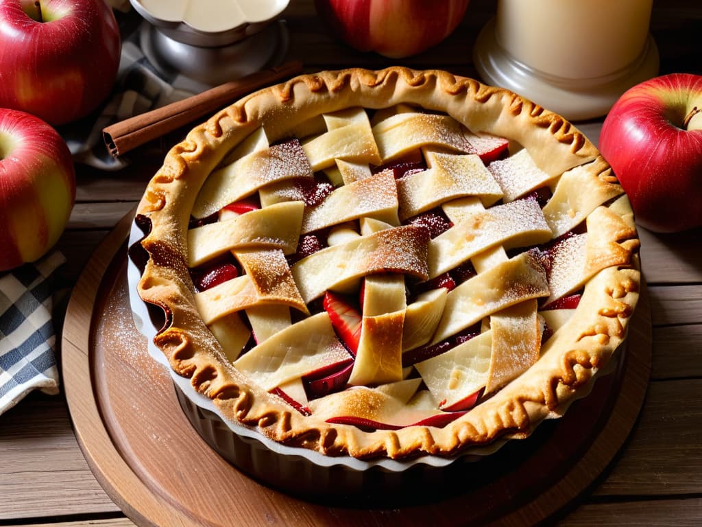  A closeup, ultradetailed image of a freshly baked, goldenbrown apple pie with a lattice crust, sprinkled with a light dusting of cinnamon. The pie sits on a rustic wooden table, with a few scattered whole apples in the background, adding a touch of farmfresh authenticity to the scene. The lattice work on the pie crust is intricately woven, showcasing the skill and attention to detail that goes into creating this delicious lowcalorie dessert. hyperrealistic, full body, detailed clothing, highly detailed, cinematic lighting, stunningly beautiful, intricate, sharp focus, f/1. 8, 85mm, (centered image composition), (professionally color graded), ((bright soft diffused light)), volumetric fog, trending on instagram, trending on tumblr, HDR 4K, 8K