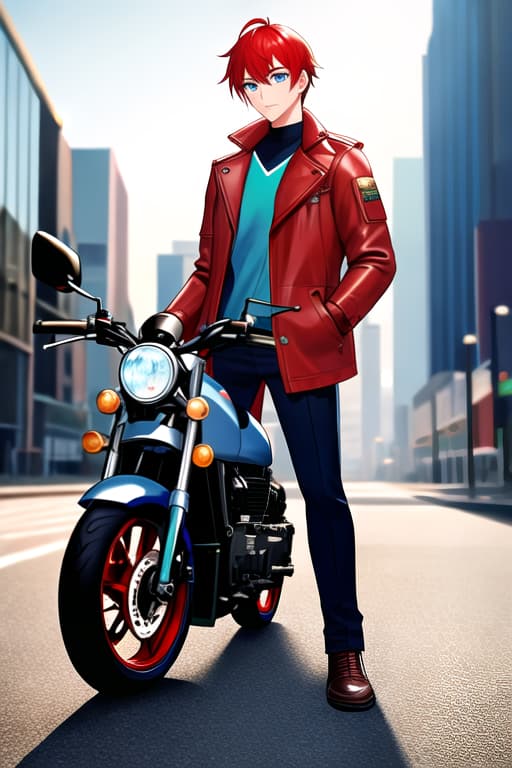  masterpiece, best quality, 1man, solo, jacket, hand in pocket,  bag, black hair, black eyes, cyberpunk, street, machinery, motor vehicle, motorcycle, panorama, sungles, blue background, riding, ((  )), (( energetic eyes )), (( aqua blue eyes )), (( copper red hair )), (( fully-clothed attire ))