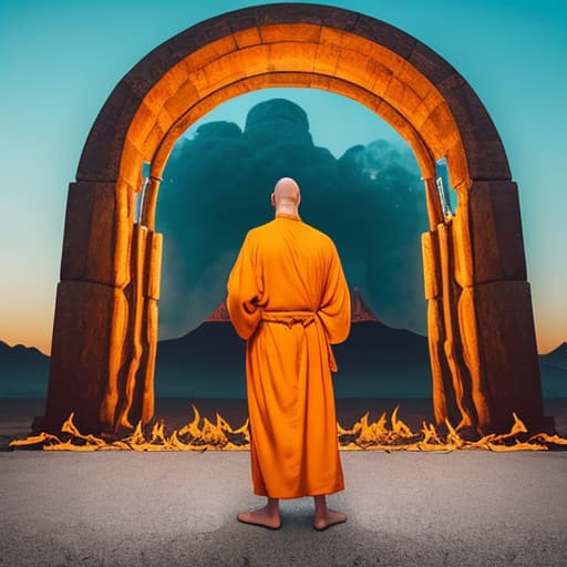  bald man in robes in front of a fiery portal