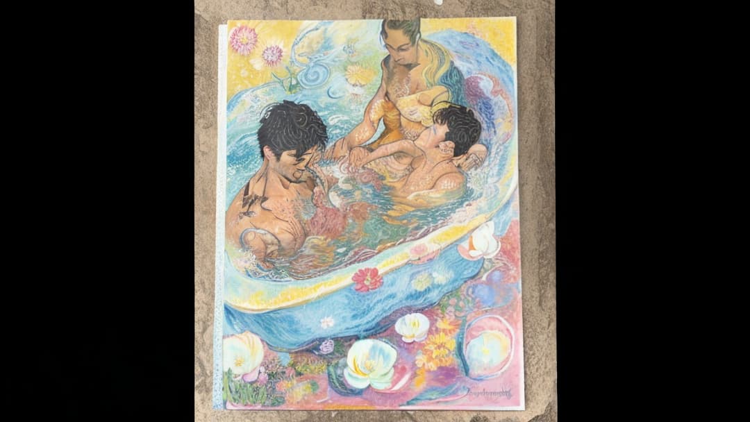  , mom and two boys taking a bath,colorful swirls with flowers around the body, surreal style, digital art in the style of Vincent van Gogh, detailed illustration with intricate patterns and textures, soft lighting, high resolution quality.,hyper realistic, knee shot, 4k, hasselblad 1600f hyperrealistic, full body, detailed clothing, highly detailed, cinematic lighting, stunningly beautiful, intricate, sharp focus, f/1. 8, 85mm, (centered image composition), (professionally color graded), ((bright soft diffused light)), volumetric fog, trending on instagram, trending on tumblr, HDR 4K, 8K