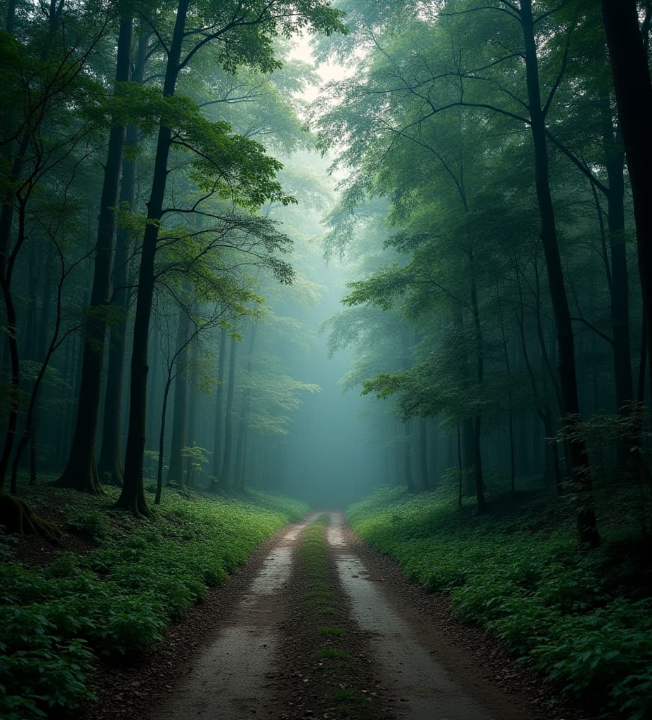  good quality, high quality, an image of a dense rainforest, pov, facing forward where there is a small road