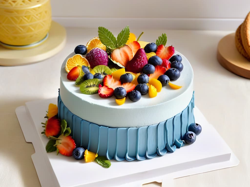  A photorealistic image of a beautifully decorated vegan cake, adorned with vibrant fresh fruits, edible flowers, and intricate piping details made without any animal products, set against a clean, modern kitchen backdrop with natural light streaming in, showcasing the artistry and delicious possibilities of vegan baking. hyperrealistic, full body, detailed clothing, highly detailed, cinematic lighting, stunningly beautiful, intricate, sharp focus, f/1. 8, 85mm, (centered image composition), (professionally color graded), ((bright soft diffused light)), volumetric fog, trending on instagram, trending on tumblr, HDR 4K, 8K