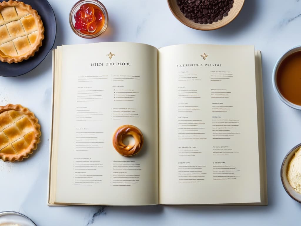  A minimalist and elegant image of a wellworn, open cookbook filled with intricate pastry recipes spread across a marble countertop. The pages are slightly yellowed, with handwritten notes in the margins and splatters of ingredients like chocolate and flour. Soft natural light illuminates the scene, casting gentle shadows on the pages and countertop, creating a serene and inspiring atmosphere for aspiring pastry chefs. hyperrealistic, full body, detailed clothing, highly detailed, cinematic lighting, stunningly beautiful, intricate, sharp focus, f/1. 8, 85mm, (centered image composition), (professionally color graded), ((bright soft diffused light)), volumetric fog, trending on instagram, trending on tumblr, HDR 4K, 8K