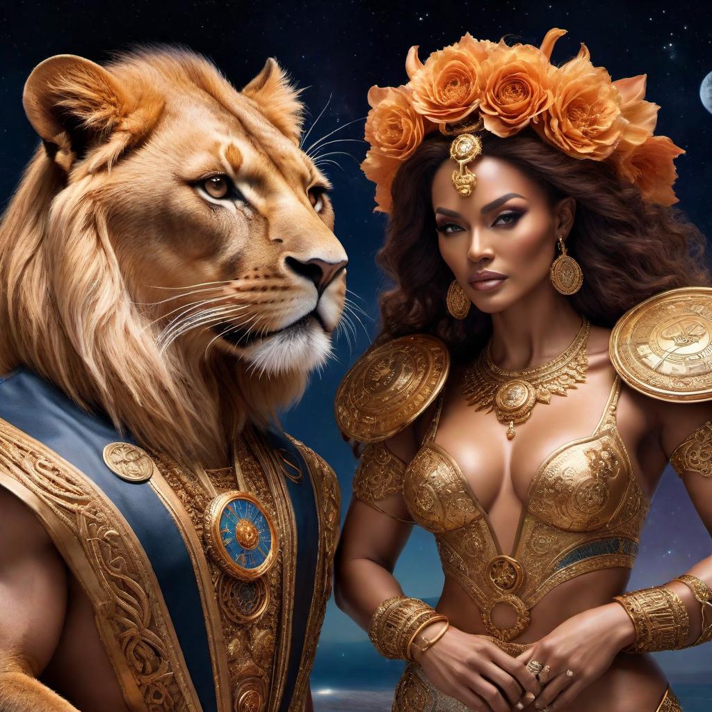  A visual representation that captures the essence of a Cancer male and Leo female relationship, depicting their zodiac symbols (Cancer crab and Leo lion), characteristic traits, potential challenges, strengths, keys to success, and the astrological semi-sextile aspect connecting them. hyperrealistic, full body, detailed clothing, highly detailed, cinematic lighting, stunningly beautiful, intricate, sharp focus, f/1. 8, 85mm, (centered image composition), (professionally color graded), ((bright soft diffused light)), volumetric fog, trending on instagram, trending on tumblr, HDR 4K, 8K