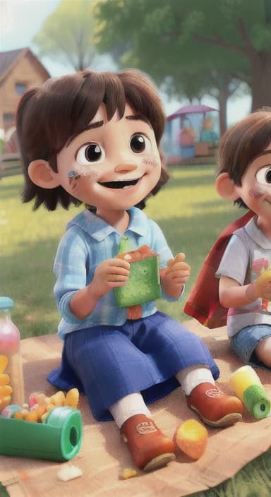  {Kids sitting around a picnic blanket, enjoying juice boxes and snacks., Children happily eating snacks, with crumbs on their faces and big smiles.