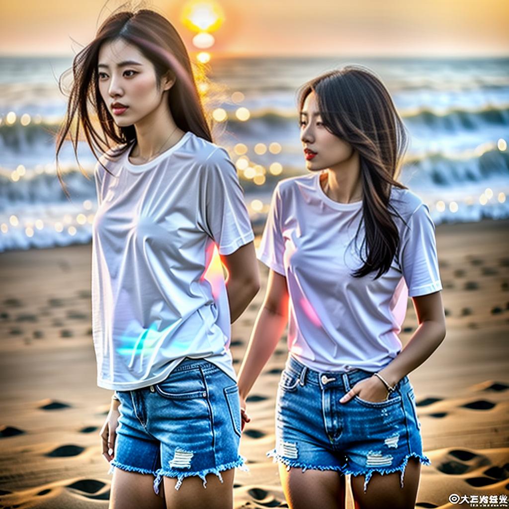  A photorealistic image of a beautiful slim young Japanese woman, with long black hair blowing in the wind, on the beach, in summer, wearing a plain white tee and denim shorts, with the sun setting in the background. hyperrealistic, full body, detailed clothing, highly detailed, cinematic lighting, stunningly beautiful, intricate, sharp focus, f/1. 8, 85mm, (centered image composition), (professionally color graded), ((bright soft diffused light)), volumetric fog, trending on instagram, trending on tumblr, HDR 4K, 8K