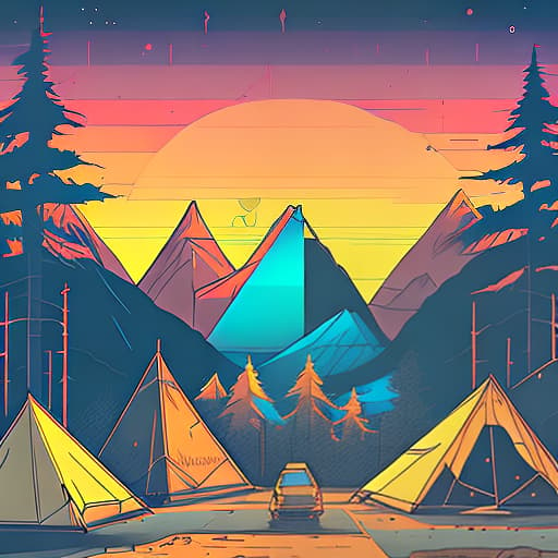 nvinkpunk Whimsical mountains with trees, camping tent and fire