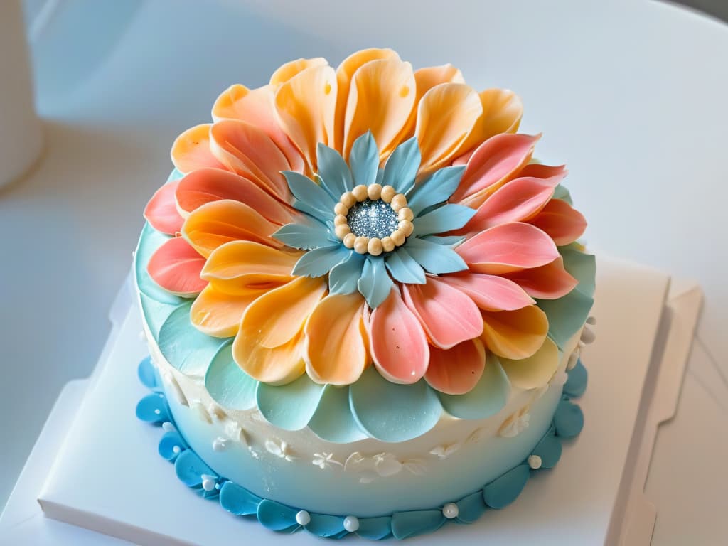  A closeup, ultradetailed image of a delicate, perfectly crafted sugar flower atop a glossy, flawlessly iced cake. The intricate petals showcase a gradient of pastel hues, each reflecting light in a mesmerizing display of skill and artistry. Every tiny detail, from the delicate veins on the petals to the subtle shimmer of edible glitter, is impeccably captured in this highresolution image, inviting viewers to marvel at the beauty and precision of professional pastry craftsmanship. hyperrealistic, full body, detailed clothing, highly detailed, cinematic lighting, stunningly beautiful, intricate, sharp focus, f/1. 8, 85mm, (centered image composition), (professionally color graded), ((bright soft diffused light)), volumetric fog, trending on instagram, trending on tumblr, HDR 4K, 8K