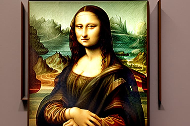  The Mona Lisa with a white plate of fine dark chocolate candy pieces. Enlarged background. Painted in the style of Leonardo Da Vinci.