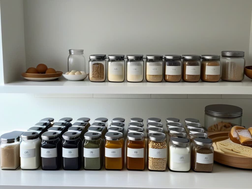  An intricately detailed, ultrarealistic 8k image of a pristine, minimalist kitchen counter. The surface is immaculately clean, with a sleek marble countertop reflecting soft, natural light. On the counter, there is an array of glutenfree baking ingredients meticulously arranged in elegant glass jars and stainless steel containers. The labels on each ingredient are crisp and clear, showcasing the purity of the contents within. A subtle touch of greenery in the form of a small potted herb plant adds a pop of freshness to the scene, enhancing the overall aesthetic of a modern, minimalist kitchen space. hyperrealistic, full body, detailed clothing, highly detailed, cinematic lighting, stunningly beautiful, intricate, sharp focus, f/1. 8, 85mm, (centered image composition), (professionally color graded), ((bright soft diffused light)), volumetric fog, trending on instagram, trending on tumblr, HDR 4K, 8K