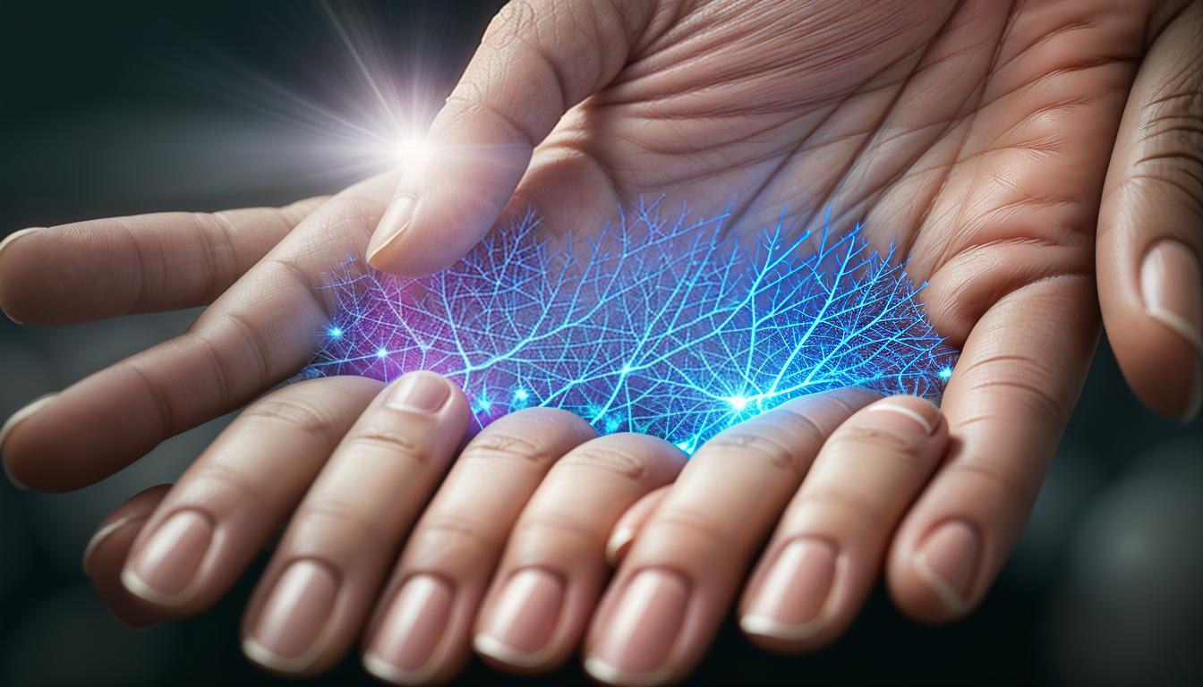  digital illustration, A close up of a hand illuminated by gentle light, reaching out, glowing aura around the hand, soft focus, ethereal and warm mood, looking at viewer, dynamic pose, (intricate details, masterpiece, best quality)