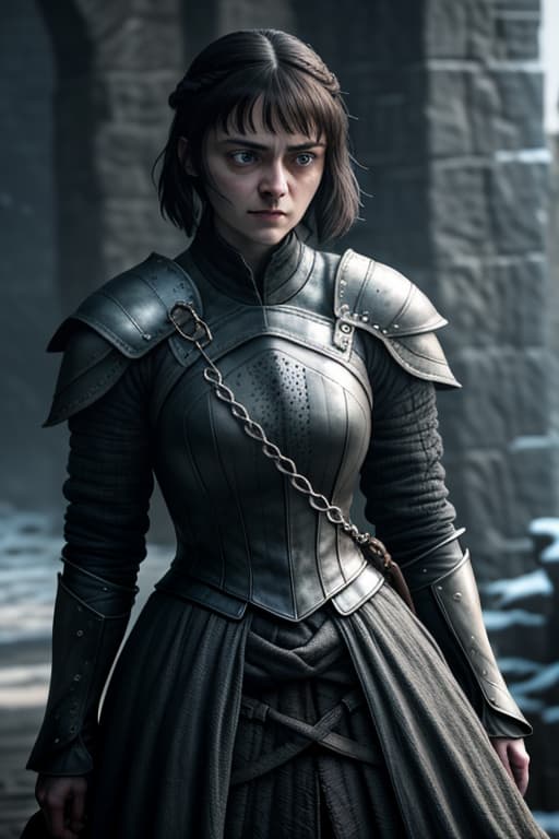  game of thrones, arya stark hyperrealistic, full body, detailed clothing, highly detailed, cinematic lighting, stunningly beautiful, intricate, sharp focus, f/1. 8, 85mm, (centered image composition), (professionally color graded), ((bright soft diffused light)), volumetric fog, trending on instagram, trending on tumblr, HDR 4K, 8K