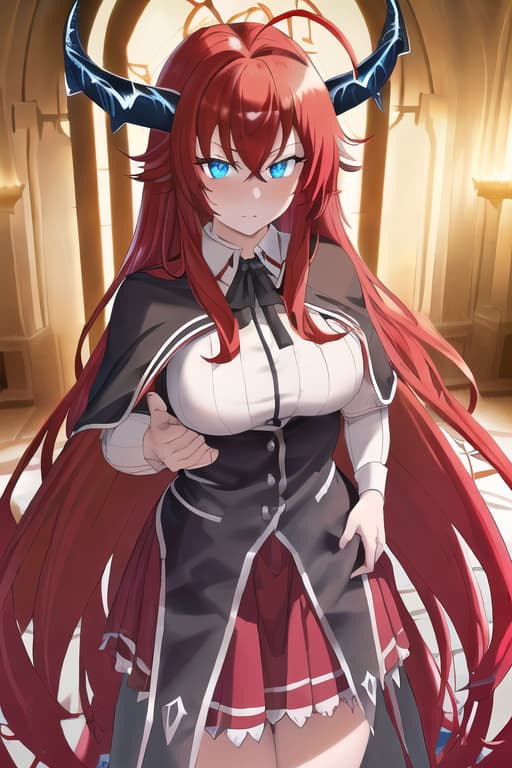  masterpiece, best quality, 1women, long red hair, looking at viewer, :3, cute, black uniform, outdoors, streets, cowboy shot, curvy, (((blue eyes))), rias gremory, red hair, antenna hair, wavy hair, ((beautiful detailed eyes, beautiful detailed glow, lots of glow)), anime screencap,Dragon knight, skin, expressionless, (anger), horns, (silver armor), metal, complex pattern, corner, cape, indifference, masterpiece, best quality, high quality, solo