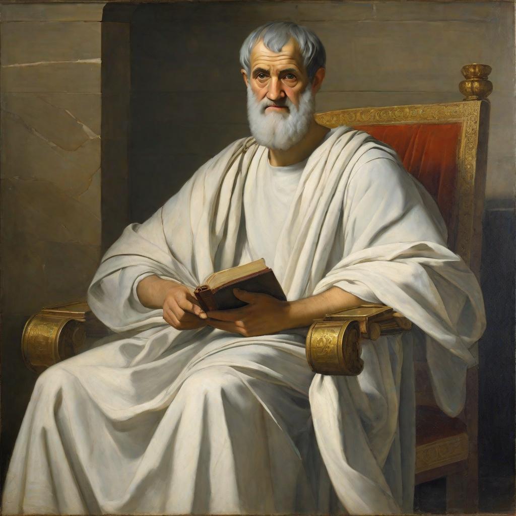  masterpiece, best quality,Ancient Greek philosopher Aristotle, dressed in a Greek white robe and fronted with a portrait oil painting