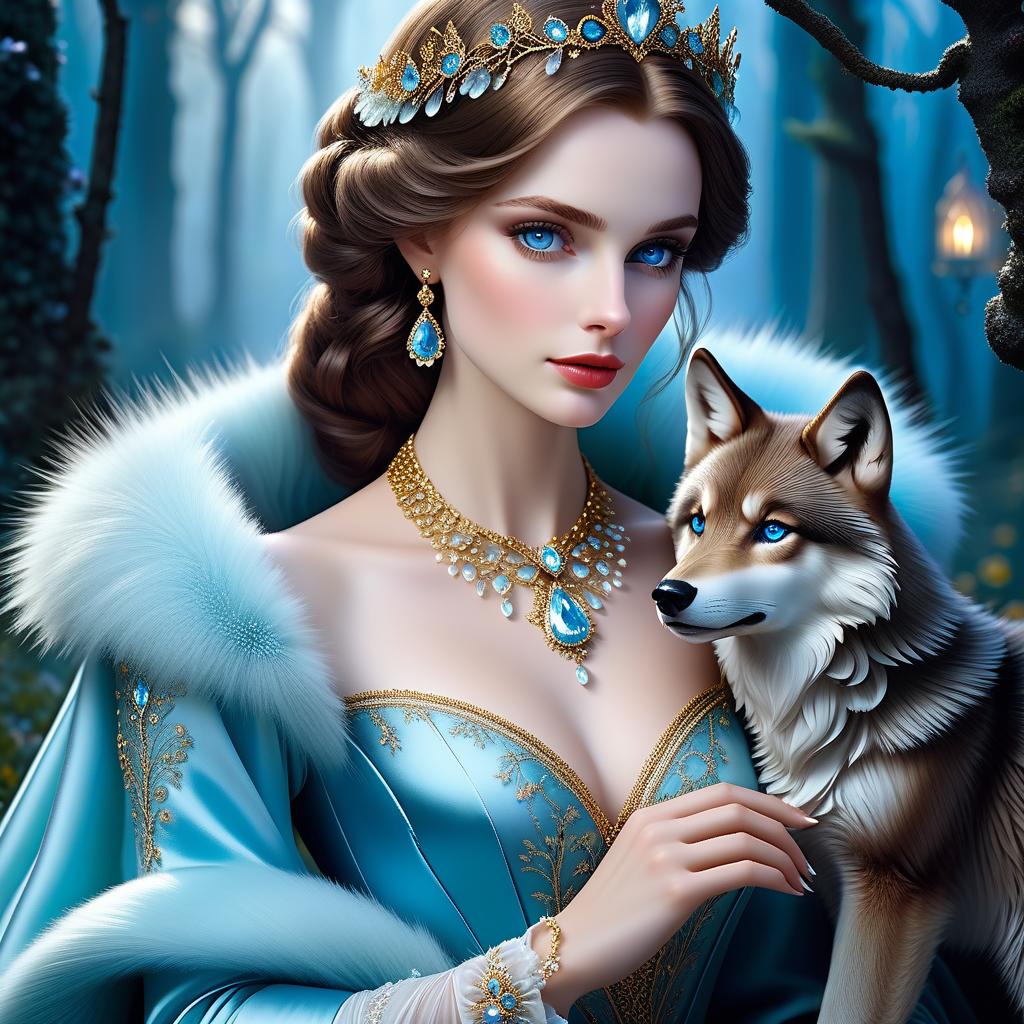  fairy tale (A beautiful ) with knee length brown hair and very sad blue eyes. She had precise facial features, arched eyebrows, and pale, porcelain like skin. Her ears were small, neat and rounded. She was dressed in the latest fashion: silk trousers the colour of early dawn, a gold brocade dressing gown with fur and tied with a sash. Her pale wrists were wrapped in tinkling celets, and her slender neck was adorned with a necklace made of frozen dewdrops. The beauty came closer, and the wolf cub ducked to the ground just in case. He saw the saffiano shoes with curved toes freeze right next to his muzzle. . magical, fantastical, enchanting, storybook style, highly detailed hyperrealistic, full body, detailed clothing, highly detailed, cinematic lighting, stunningly beautiful, intricate, sharp focus, f/1. 8, 85mm, (centered image composition), (professionally color graded), ((bright soft diffused light)), volumetric fog, trending on instagram, trending on tumblr, HDR 4K, 8K