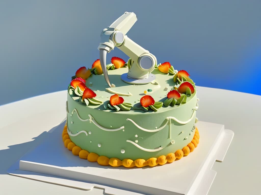  An 8k ultradetailed image of a sleek, futuristic robotic arm delicately piping intricate designs on a beautifully decorated cake. The robotic arm is in a pristine white color, adorned with subtle LED lights, against a clean, minimalist backdrop to highlight its precision and advanced technology. The cake is a work of art, featuring abstract patterns and vibrant colors, showcasing the seamless fusion of technology and creativity in the future of pastry arts. hyperrealistic, full body, detailed clothing, highly detailed, cinematic lighting, stunningly beautiful, intricate, sharp focus, f/1. 8, 85mm, (centered image composition), (professionally color graded), ((bright soft diffused light)), volumetric fog, trending on instagram, trending on tumblr, HDR 4K, 8K