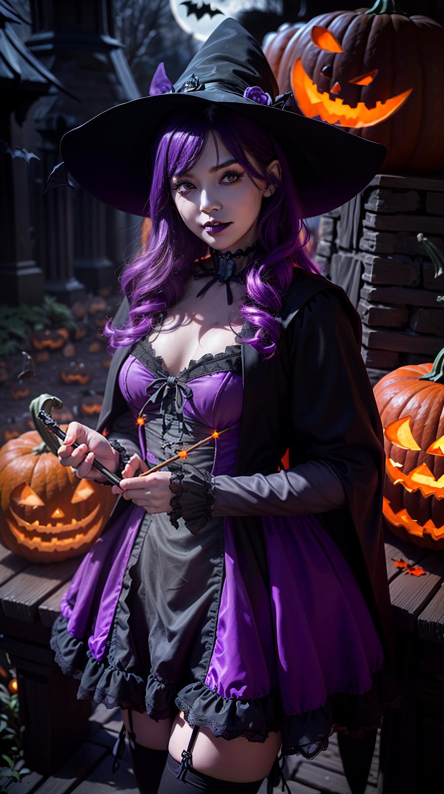  Best quality, masterpiece, ultra high res, (photorealistic:1.4), raw photo, (realistic skin), (pumpkin halloween costume:1.5), (black robes:1.3), ,(wearing large hats:1.3), (holding magic wands in their hands:1.3), ((purple accent color)gothic dress:1.4), (gothic lolita:1.5), frills, lace, back of the hat is red, arm cover. ((black)thigh high stockings:1.3), choker, garter belt, (lipstick:1.2), (halloween night:1.5), (dark castle:1.5), (jack o lantern:1.5), (dark night:1.8), Night, Moon, Graveyard, medium hair, shiny hair, glossy hair, curlyhair,, deep shadow, dramatic lighting