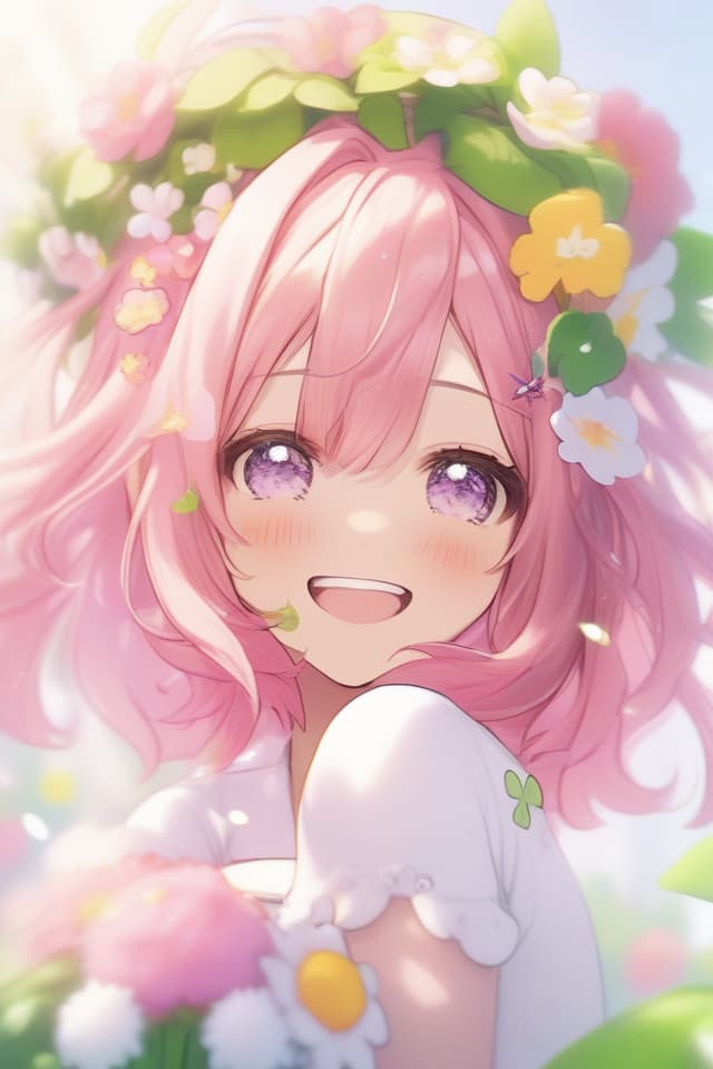  Flowers,flower garden,colorful,pink hair,smile,full smile,flower snowstorm,medium hair,flower crown,flower kanmuri,pink flower,white flower,four leaf clover,etc.(absurd detailed:1.4、best quality:1.4、masterpiece:1.4)、