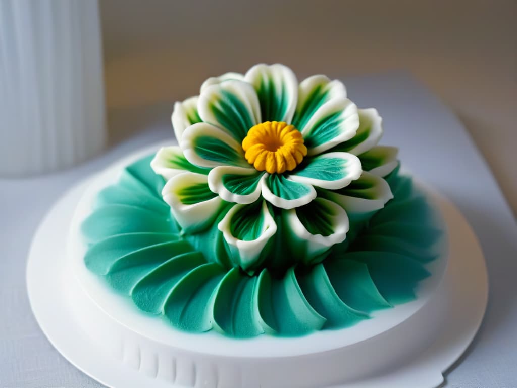  A closeup, ultradetailed image of a delicate, intricately designed 3D printed dessert in the shape of a blooming flower, showcasing intricate layers and details that highlight the precision and artistry of 3D printed confections. The dessert is set on a simple, elegant white plate against a soft, blurred background, emphasizing the beauty and sophistication of sustainable 3D printed desserts. hyperrealistic, full body, detailed clothing, highly detailed, cinematic lighting, stunningly beautiful, intricate, sharp focus, f/1. 8, 85mm, (centered image composition), (professionally color graded), ((bright soft diffused light)), volumetric fog, trending on instagram, trending on tumblr, HDR 4K, 8K