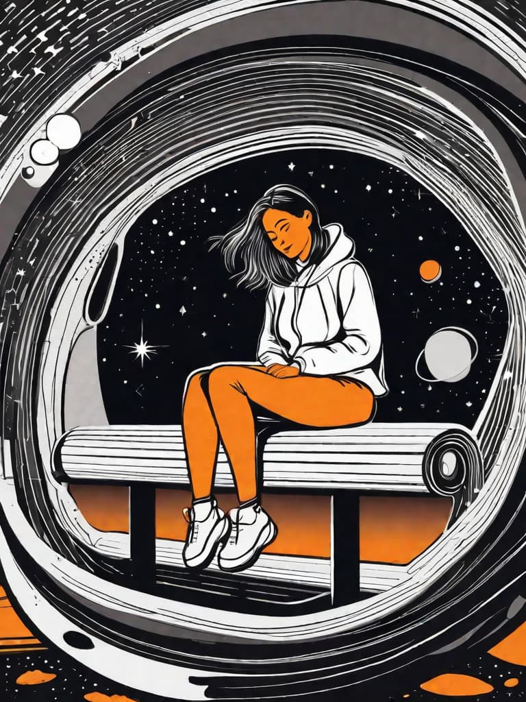  Girl sitting in a bench in space.