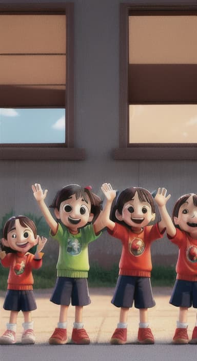  {A heartwarming scene of all the children waving goodbye with happy expressions., Children waving with wide smiles, looking grateful and content.