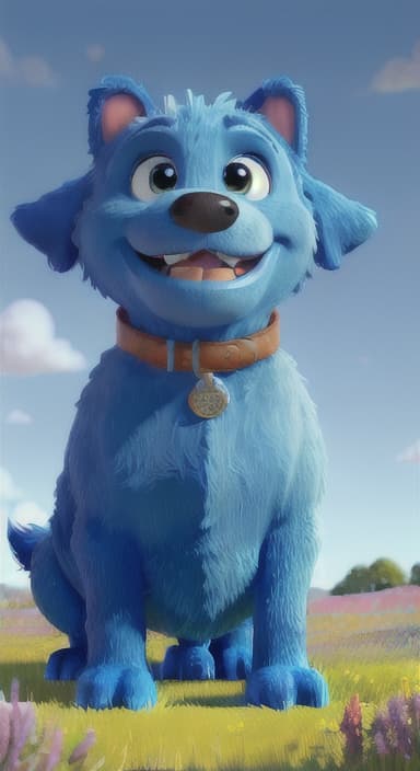  {A happy, big blue dog wagging its tail in a colorful meadow, The big blue dog is large with sky blue fur, big round eyes, a black nose, and floppy ears.