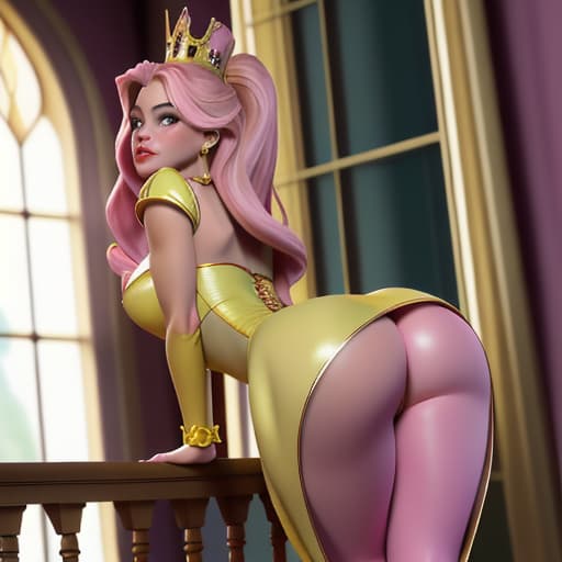  Sofia Vergara as a fantasy Disney queen in bodytight and skinny pink-yellow short and opulent dress,seen from the back leaning towards palace window,her ass up,watching her Middle Earth- like kingdom