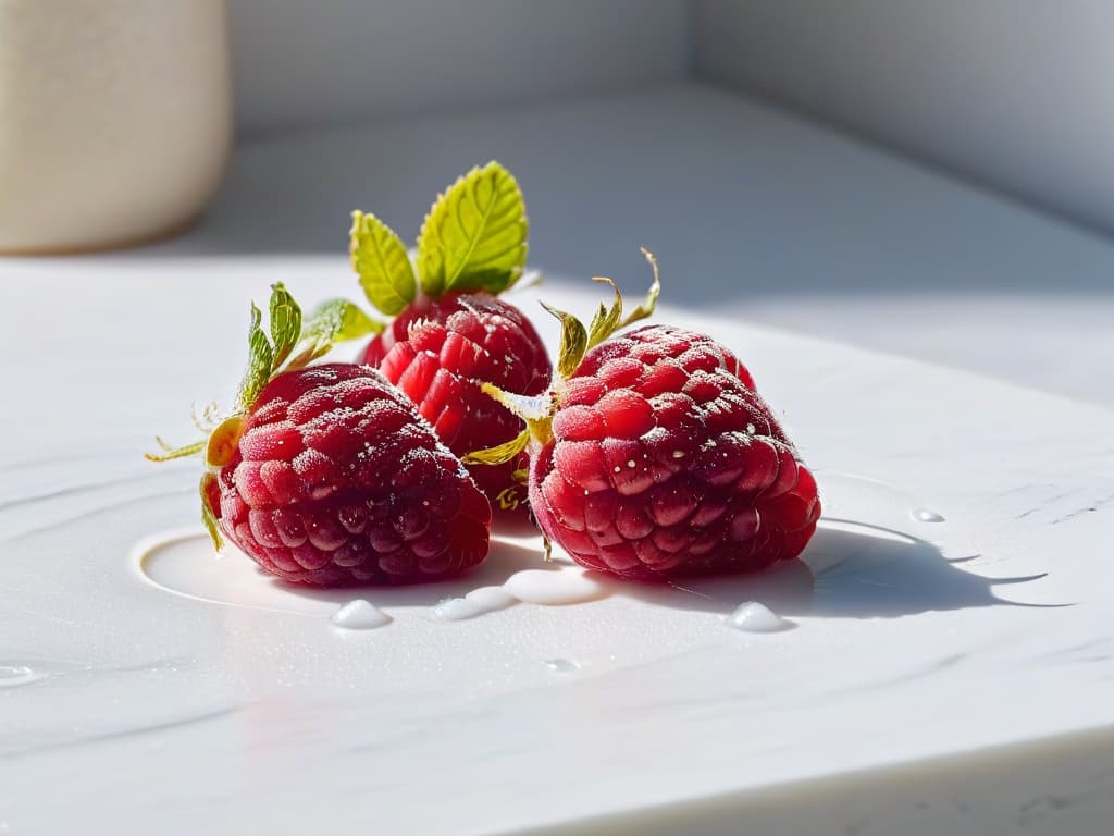  An ultradetailed closeup image of a ripe, vibrant red raspberry being gently pressed, with tiny droplets of juice starting to release and form a glistening pool on a clean, white marble countertop. The focus is so sharp that every tiny hair on the raspberry's surface is visible, and the light reflects off the juice in a way that highlights the natural textures and colors of the fruit. hyperrealistic, full body, detailed clothing, highly detailed, cinematic lighting, stunningly beautiful, intricate, sharp focus, f/1. 8, 85mm, (centered image composition), (professionally color graded), ((bright soft diffused light)), volumetric fog, trending on instagram, trending on tumblr, HDR 4K, 8K