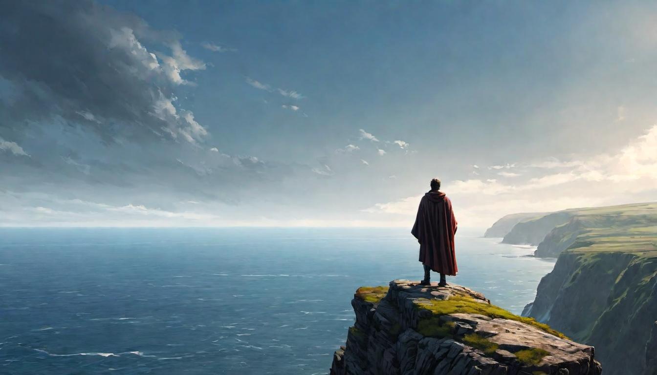  digital illustration A figure standing atop a steep cliff, overlooking the sea, cloak billowing in the wind, stature of strength, deep contemplation, leading with courage, high vantage, bold vision, horizon endless looking at viewer, dynamic pose, (intricate details, masterpiece, best quality)