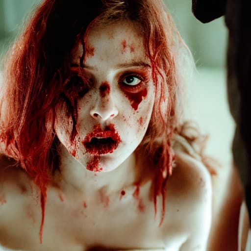 analog style realistic, young female zombie having sex with red men in x rated movie, orgy, penetration, penis licking, succubus, horror, creepy, creatures, high detail, 8k uhd, high resolution