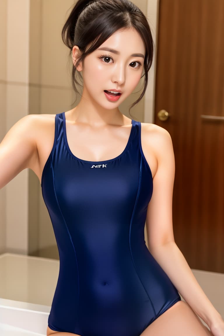  (masterpiece:1.3), (8k, photorealistic, RAW photo, best quality: 1.4), (realistic face), realistic eyes, (realistic skin), beautiful skin, (perfect body:1.3), (detailed body:1.2), ((((masterpiece)))), best quality, very_high_resolution, ultra-detailed, in-frame, beautiful, stunning, Natsuko Tatsumi look-alike, elegant, alluring, glamorous, gal style, ponytail, big eyes with long eyelashes, open mouth scream, long tongue, tight navy blue one-piece swimsuit, U-neck, busty, reaching out, measuring in a hotel bathroom, legs open, serious and elegant suiting shop salesperson, ultra high res, ultra realistic, highly detailed, soft lightning, golden ratio