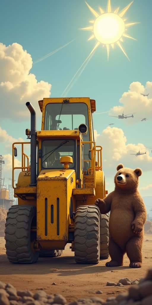  good quality, high quality, a yellow bulldozer standing right next to a bear, construction site, sun shines through clouds, highly detailed, photorealistic