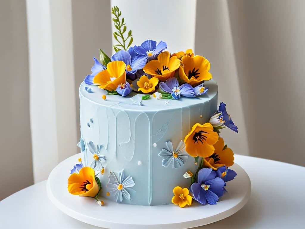  A closeup, ultradetailed image of a perfectly frosted threetiered cake in soft pastel colors with delicate edible flowers cascading down one side. The frosting is flawlessly smooth, reflecting light in a way that highlights every detail, from the intricate piping work to the subtle texture of the cake layers. The image captures the artistry and precision of modern pastry techniques, showcasing the fusion of creativity and skill in the world of baking. hyperrealistic, full body, detailed clothing, highly detailed, cinematic lighting, stunningly beautiful, intricate, sharp focus, f/1. 8, 85mm, (centered image composition), (professionally color graded), ((bright soft diffused light)), volumetric fog, trending on instagram, trending on tumblr, HDR 4K, 8K