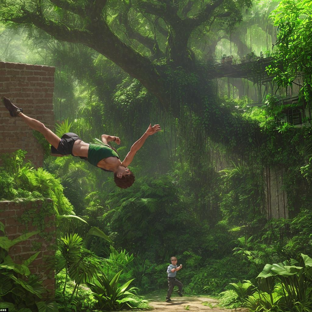  masterpiece, best quality, Capture a cinematic scene of an 8 boy jumping off a wall, set in an outdoor environment that exudes a jungle-like atmosphere. The boy, and full of energy, leaps from the brick wall of a, vine-covered building. He holds a small bag in one hand, adding a sense of adventure to the moment. The surroundings are lush and green, with dense foliage and towering trees that enhance the wild, untamed feel of the scene. The image should have a rich, cinematic color tone, emphasizing deep greens and earthy browns, with natural sunlight filtering through the leaves, casting dynamic shadows and highlights.