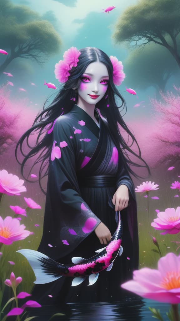  photo RAW, (Black, neon pink and magenta : Portrait of 2 ghostly long tailed black koi, hispanic woman smiling wearing dark robes in a meadow, hyper detailed colored captivating eyes, ( add depth, surrounded by flowers, backlit, petals, hair floating, gorgeous beautiful woman, photoRAW,HD,8K,Hyperdetailed,hyper realistic background:1.5), shiny aura, highly detailed, black pearls, gold and coral filigree, intricate motifs, organic tracery, Kiernan Shipka, Januz Miralles, Hikari Shimoda, glowing stardust by W. Zelmer, perfect composition, smooth, sharp focus, sparkling particles, lively coral reef colored background Realistic, realism, hd, 35mm photograph, 8k), masterpiece, award winning photography, natural light, perfect composition, high d
