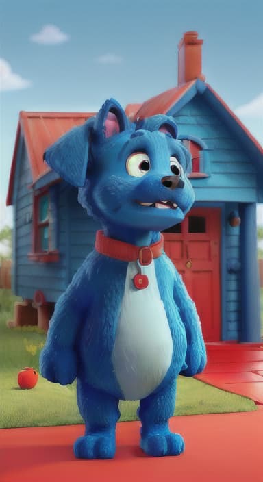  {Max the big blue dog standing in front of a cozy little house with a red door, The big blue dog is large with sky blue fur, big round eyes, a black nose, and floppy ears.