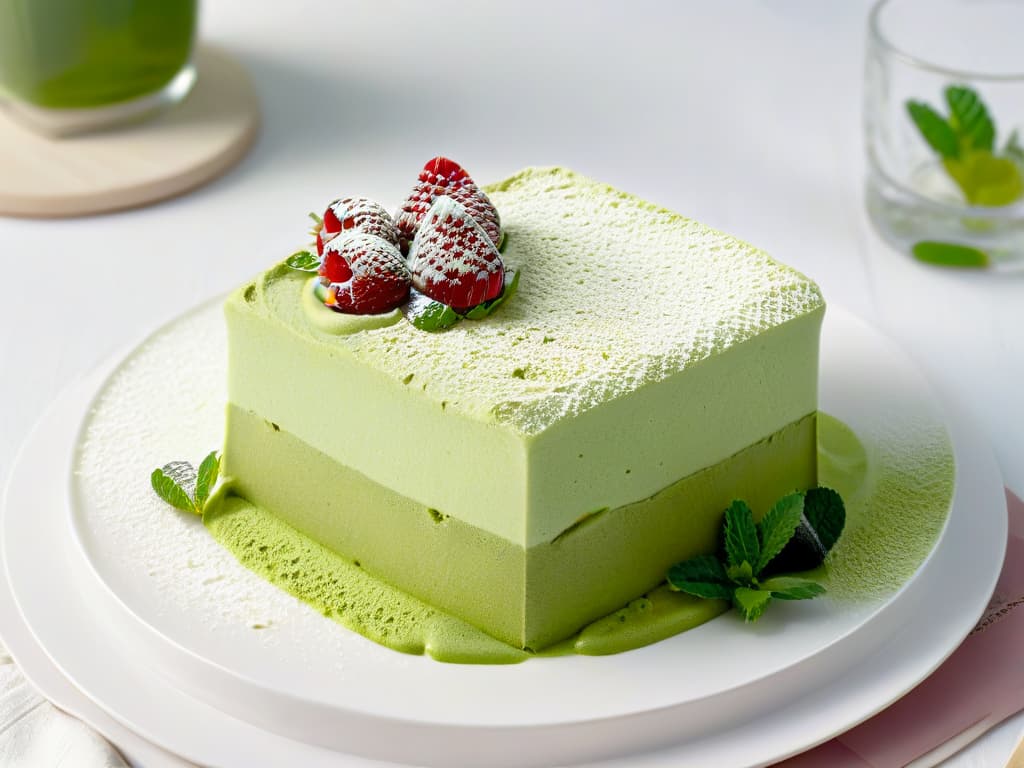  A photorealistic image of an elegant matcha green tea tiramisu dessert beautifully presented on a modern, minimalist white plate. The dessert is garnished with vibrant green matcha powder sprinkled delicately on top, accompanied by fresh raspberries and mint leaves as decoration. The background is softly blurred to keep the focus on the exquisite details of the dessert, showcasing layers of creamy mascarpone cheese and fluffy green teainfused sponge cake. The lighting is soft and natural, enhancing the rich colors and textures of the dessert, creating a visually appealing and appetizing image. hyperrealistic, full body, detailed clothing, highly detailed, cinematic lighting, stunningly beautiful, intricate, sharp focus, f/1. 8, 85mm, (centered image composition), (professionally color graded), ((bright soft diffused light)), volumetric fog, trending on instagram, trending on tumblr, HDR 4K, 8K