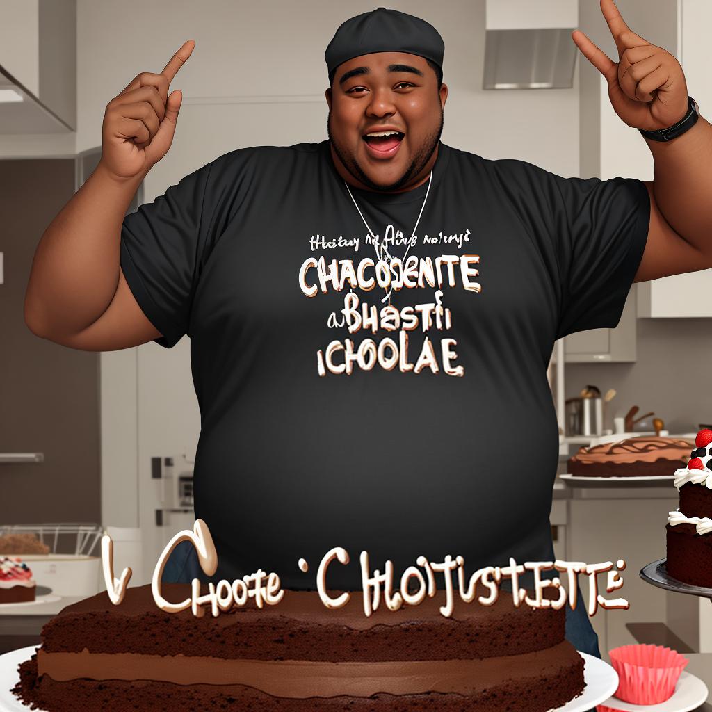  masterpiece, best quality, fat black guy extremely excited to eat a chocolate cake