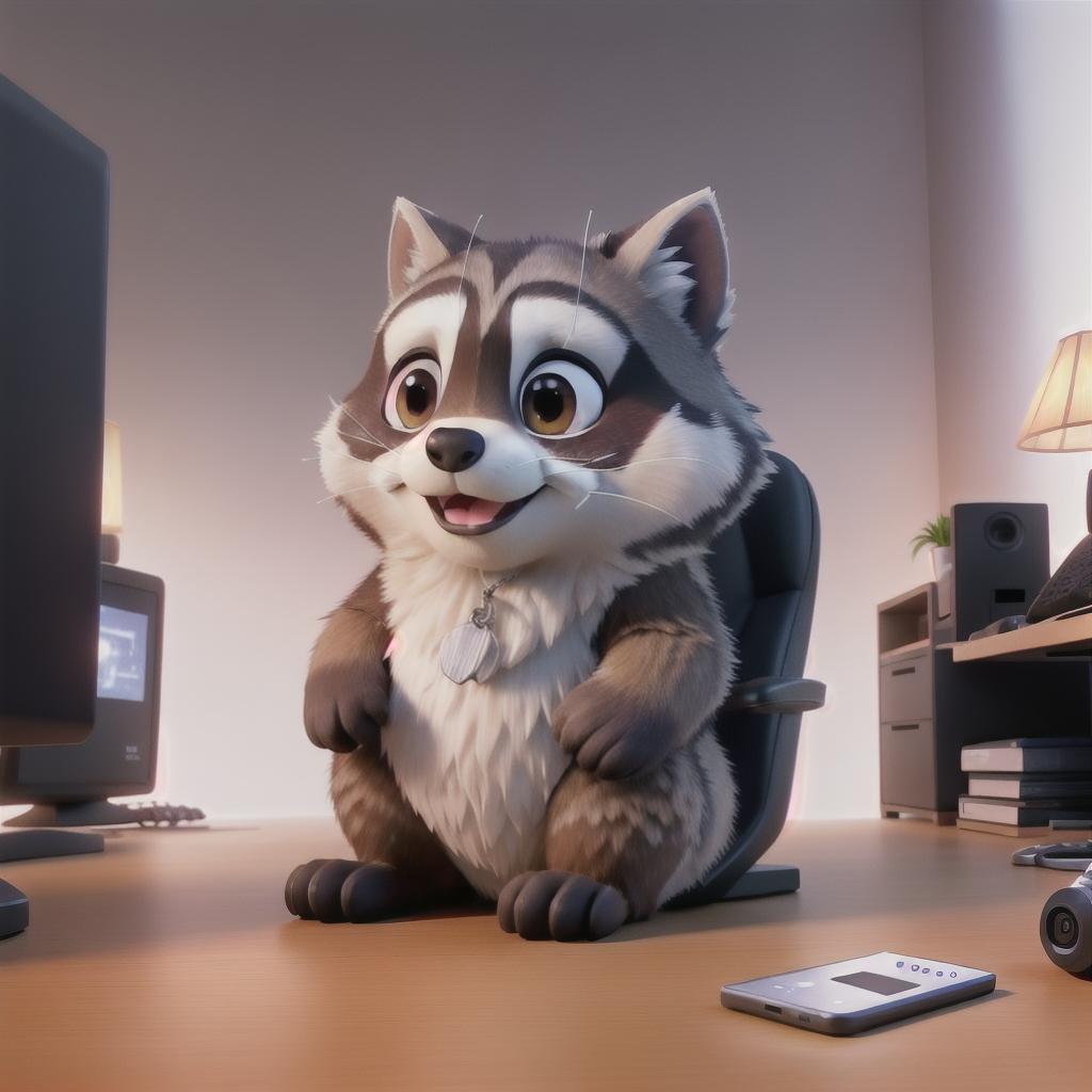  raccoon sitting in gaming chair front a computer on desktop, ((semi anthropomorphic)),(full body), tail, belly, sitting, fat, (chubby), (((white background))), solo, desktop, gaming chair, side view,  [[[clothes]]] hyperrealistic, full body, detailed clothing, highly detailed, cinematic lighting, stunningly beautiful, intricate, sharp focus, f/1. 8, 85mm, (centered image composition), (professionally color graded), ((bright soft diffused light)), volumetric fog, trending on instagram, trending on tumblr, HDR 4K, 8K