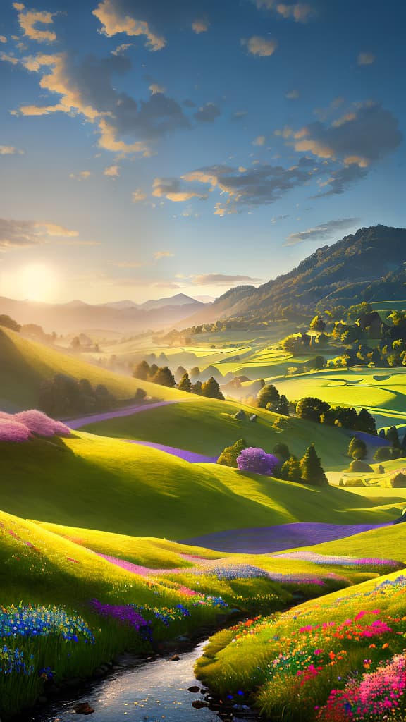  ((Masterpiece)), (((best quality))), 8k, high detailed, ultra-detailed. A wallpaper depicting daytime. A serene countryside landscape with rolling green hills, (a picturesque farmhouse) nestled among trees, (a flowing river) reflecting the vibrant blue sky, (colorful flowers) blooming in a meadow, and (birds) soaring gracefully in the distance. The sunlight bathes the scene in a warm golden glow, casting long shadows across the landscape. hyperrealistic, full body, detailed clothing, highly detailed, cinematic lighting, stunningly beautiful, intricate, sharp focus, f/1. 8, 85mm, (centered image composition), (professionally color graded), ((bright soft diffused light)), volumetric fog, trending on instagram, trending on tumblr, HDR 4K, 8K