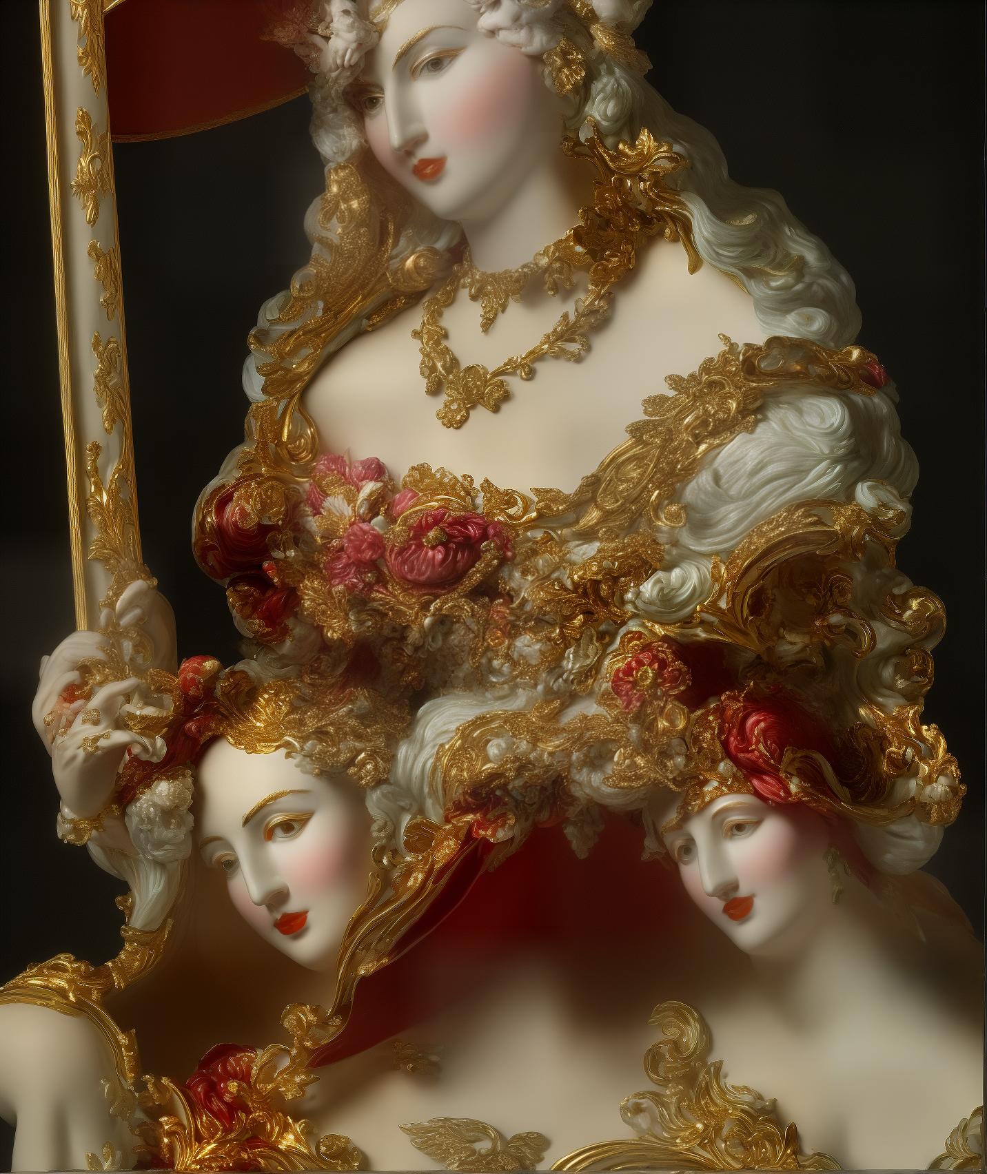  PHOTOGRAPH of a bright, Colorful and Shiny (((Meissen Porcelain JUDITH WITH THE HEAD OF HOLOFERNES))) with a (((GLITTERY HAT))), (((sculptural Porcelain hair))) looking at the viewer, on a black background, Stunning Masterpiece, Wide angle, 3:2 aspect radio, with perfect expression and facial structure, LARGE EYES, in the style of FRAGONARD, ultra sharp focus, 8k, big dark eyes, closed mouth, (((45 degree light)))  hyperrealistic, full body, detailed clothing, highly detailed, cinematic lighting, stunningly beautiful, intricate, sharp focus, f/1. 8, 85mm, (centered image composition), (professionally color graded), ((bright soft diffused light)), volumetric fog, trending on instagram, trending on tumblr, HDR 4K, 8K