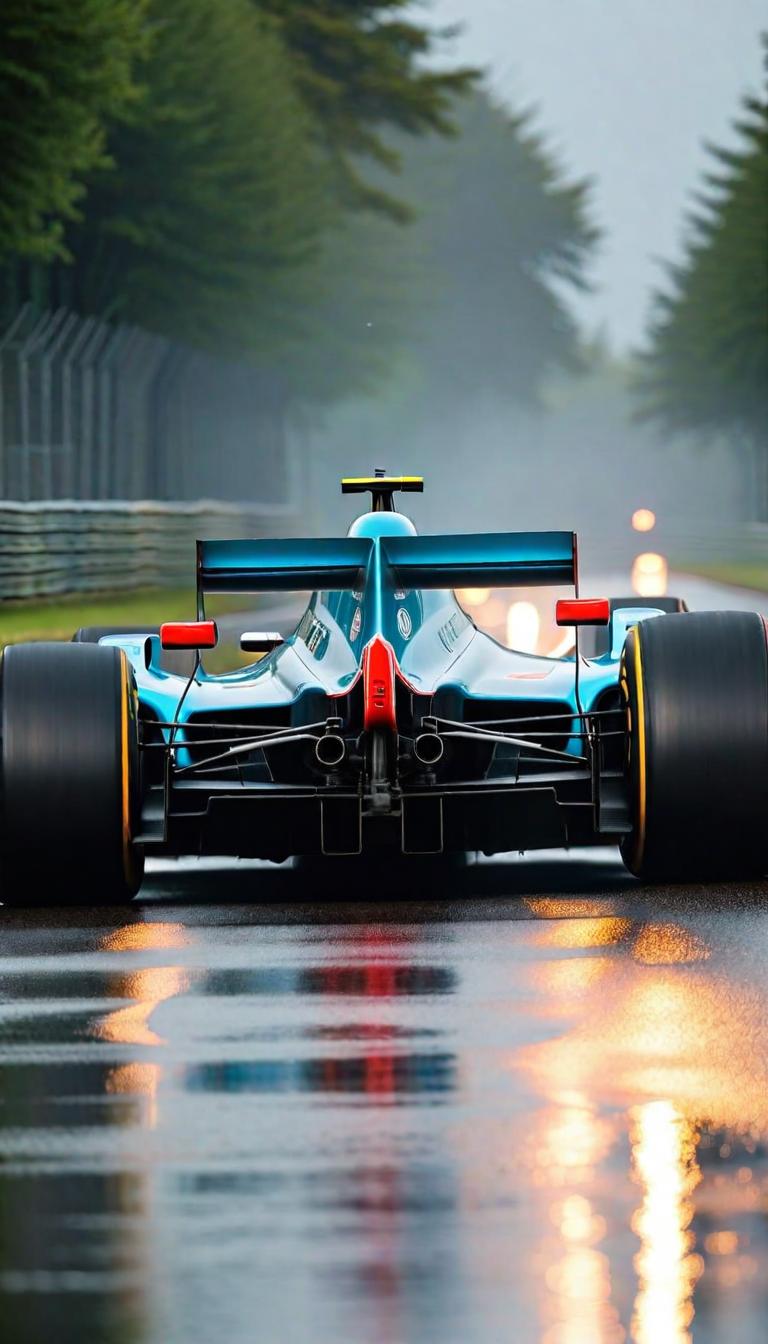  Professional 3D model of Back of the McLaren 2024 F1 car in the rain at Silverstone . Rendered with Octane, the model is highly detailed,dramatic lighting. hyperrealistic, full body, detailed clothing, highly detailed, cinematic lighting, stunningly beautiful, intricate, sharp focus, f/1. 8, 85mm, (centered image composition), (professionally color graded), ((bright soft diffused light)), volumetric fog, trending on instagram, trending on tumblr, HDR 4K, 8K