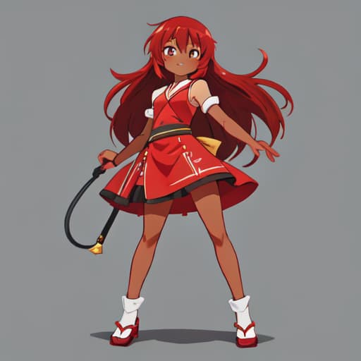  [must 1 character ,Anime 2D, 8k image, master piece, best quality, RAW photo, 30 year olds, an woman, asian style, brown eyes, long red hair, slim body, large bust, full body, wearing a dress, must dark skin, 2 legs,2 arms]