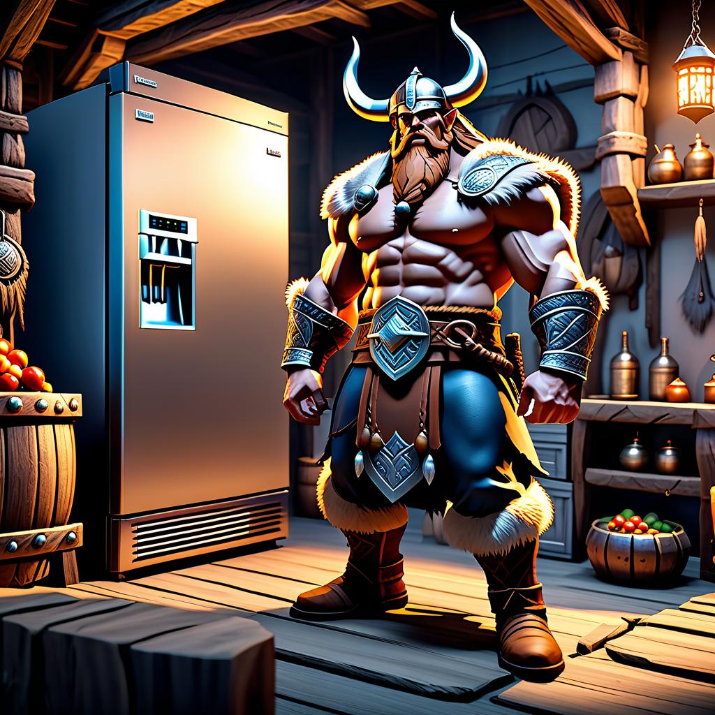  fighting game style A Viking giant is standing next to a huge refrigerator, around a Viking village . dynamic, vibrant, action packed, detailed character design, reminiscent of fighting video games hyperrealistic, full body, detailed clothing, highly detailed, cinematic lighting, stunningly beautiful, intricate, sharp focus, f/1. 8, 85mm, (centered image composition), (professionally color graded), ((bright soft diffused light)), volumetric fog, trending on instagram, trending on tumblr, HDR 4K, 8K