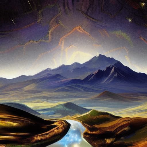  Nighttime painterly landscape galaxy mountain star beauty on planet from artist Dali