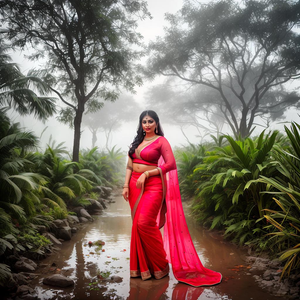  a beautiful wet Bangladeshi woman with big breasts wearing clear transparent saree sitting on a ground outside a mudhut in a Bangladeshi village hyperrealistic, full body, detailed clothing, highly detailed, cinematic lighting, stunningly beautiful, intricate, sharp focus, f/1. 8, 85mm, (centered image composition), (professionally color graded), ((bright soft diffused light)), volumetric fog, trending on instagram, trending on tumblr, HDR 4K, 8K