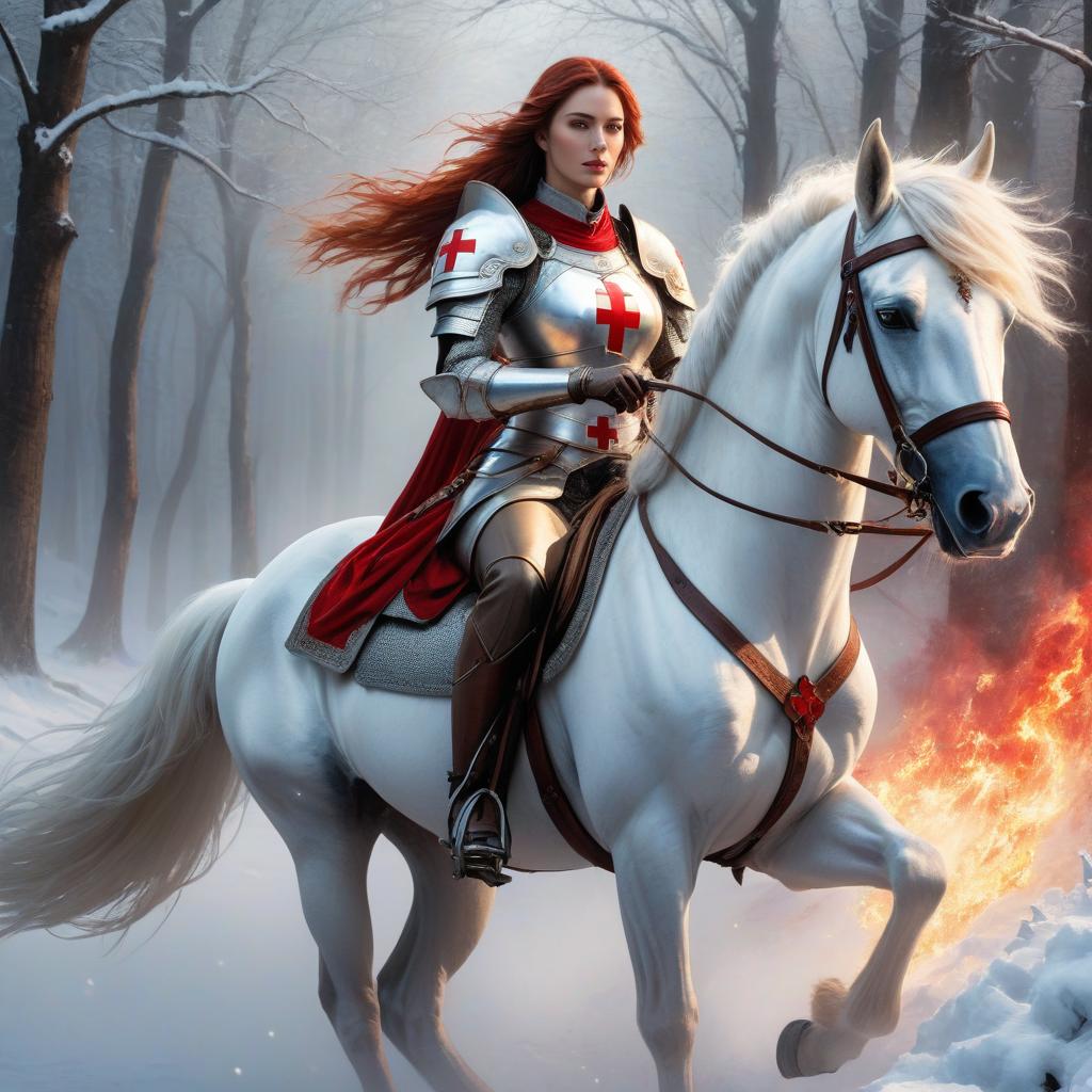  ethereal fantasy concept art of A tall woman, clad in light armor, white armor plates, a red cross depicted on her horse's saddle. Her face is concealed by an iron mask, her hair white to her shoulders. She sat astride a snowy horse. In her right hand she held a sword, and in her left hand, emanated forgiving fire. . magnificent, celestial, ethereal, painterly, epic, majestic, magical, fantasy art, cover art, dreamy hyperrealistic, full body, detailed clothing, highly detailed, cinematic lighting, stunningly beautiful, intricate, sharp focus, f/1. 8, 85mm, (centered image composition), (professionally color graded), ((bright soft diffused light)), volumetric fog, trending on instagram, trending on tumblr, HDR 4K, 8K