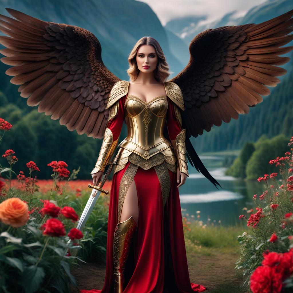  cinematic film still A very beautiful angel with big black wings sparkling red, blue and gold "Maximilian armor", as in the works of Konrad Witz, stands in a flower meadow, leaning on a huge sword, on the river bank best quality, masterpiece, ultra high resolution, photorealistic, old ,with big black wings with big s, tall, short haircut, curly hair, model, dynamic pose, detailed face, detailed skin, beautiful detailed eyes, detailed lips, sensual mouth, natural skin texture, (dynamic pose: 0.3), miniature, gloved hands, high heels, artist, detailed background ((high quality)), ((masterpiece)), stable dispersion, double exposure, magnificent effect of artistic dissolution, emphasizing beauty and grace, multi level ex hyperrealistic, full body, detailed clothing, highly detailed, cinematic lighting, stunningly beautiful, intricate, sharp focus, f/1. 8, 85mm, (centered image composition), (professionally color graded), ((bright soft diffused light)), volumetric fog, trending on instagram, trending on tumblr, HDR 4K, 8K